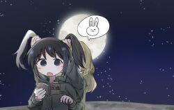  2girls :o behind_another black_eyes black_hair blonde_hair blush book chito_(shoujo_shuumatsu_ryokou) commentary_request full_moon holding holding_another's_hair holding_book long_hair long_sleeves moon multiple_girls night open_book open_mouth outdoors playing_with_another's_hair rabbit reading shoujo_shuumatsu_ryokou sky speech_bubble spoken_animal star_(sky) starry_sky twintails upper_body you_know115 yuuri_(shoujo_shuumatsu_ryokou) 
