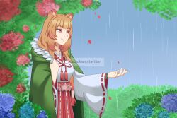  1girl animal_ear_fluff animal_ears aqua_flower blue_flower blue_sky borrowed_clothes bracelet breasts brown_hair bush cloak commentary english_commentary falling_petals feather-trimmed_cloak flower flower_request green_cloak hair_tubes hakama hakama_skirt hand_up highres hood hood_down hooded_cloak japanese_clothes jewelry long_hair malockser medium_breasts metal_hair_tubes neck_tassel outdoors petals pink_eyes raccoon_ears raccoon_girl rain raphtalia red_flower red_hakama red_skirt skirt sky solo straight_hair tassel tate_no_yuusha_no_nariagari upper_body 