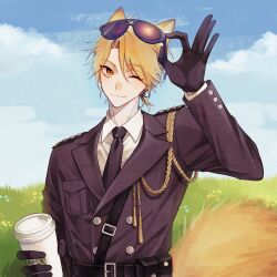  1boy aiguillette amera_(irisqr3) animal_ears belt black_gloves black_jacket black_necktie breast_pocket collared_shirt cup day degrees_of_lewdity disposable_coffee_cup disposable_cup eyewear_on_head fox_boy fox_ears fox_tail gloves grass hair_between_eyes hand_up high-waist_belt highres holding holding_cup jacket kemonomimi_mode lapels long_sleeves low_ponytail male_focus necktie notched_lapels one_eye_closed outdoors parted_bangs parted_hair pocket ponytail shirt short_hair short_ponytail shoulder_boards side_part simple_flower smile solo starbucks tail tsurime upper_body white_shirt wren_(degrees_of_lewdity) wren_(male)_(degrees_of_lewdity) yellow_eyes 