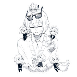  >_< 1girl 6+boys :d acorn ahoge commentary_request cookie cropped_torso cup double-parted_bangs eyewear_on_head flower-shaped_food food gift glasses greyscale happy_birthday highres holding holding_acorn holding_gift holding_mini_person in_palms jack_jeanne mini_person mini_person_on_head mini_person_on_shoulder miniboy minigirl monochrome multiple_boys multiple_girls mutsumi_kai neji_kokuto open_mouth orimaki_suzu semi-rimless_eyewear shirota_mitsuki shirt simple_background smile sparkle succhii_(pikaru) sunglasses tachibana_kisa takashina_sarafumi tea teacup tying_another's_hair under-rim_eyewear white_background xd yonaga_soshiro 