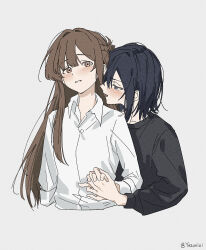  2girls black_eyes black_hair black_sweater blush braid brown_eyes brown_hair collared_shirt commentary half_up_braid highres holding_hands interlocked_fingers long_hair long_sleeves looking_at_another looking_at_viewer medium_hair miyagi_shiori multiple_girls sasagawa_yuki sendai_hazuki shirt shuuniichido_classmate_wo_kau_hanashi simple_background sweater white_background white_shirt yuri 