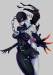  1girl belt breasts chain claws digimon grey_background highres hips ladydevimon lips long_hair mask pale_skin simple_background skull solo splashbrush thigh_gap thighs very_long_hair white_hair 