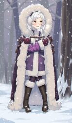  1girl absurdres coat female_robin_(fire_emblem) fire_emblem fire_emblem_awakening highres hood hood_up long_hair looking_to_the_side mittens outdoors purple_coat purple_mittens redkite333 snow snowing solo tree twintails white_hair winter winter_clothes 