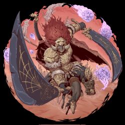 1boy animal armor attacking_viewer banner battle_standard black_border black_skin blank_eyes border bow_(weapon) breastplate cape charging_forward clenched_teeth colored_skin commentary desert dual_wielding elden_ring english_commentary floating_hair floating_rock foreshortening fur_trim gauntlets gold_armor helmet highres holding holding_sword holding_weapon horse horseback_riding injury leonard_(elden_ring) long_hair looking_at_viewer magic male_focus meteor no_feet ornate_armor ornate_helmet ornate_weapon pauldrons polearm red_cape red_hair red_sky riding sane_kyle shoulder_armor sky solo spear starscourge_greatsword starscourge_radahn swinging_weapon sword teeth torn_cape torn_clothes war_banner weapon 