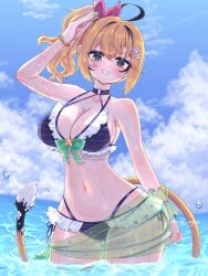  1girl ahoge beach bikini blonde_hair blush bracelet breasts commentary dooby dooby_(summer) flower green_eyes hair_flower hair_ornament hair_tie highres huge_breasts jerboa_tail jewelry light_smile mole mole_on_thigh navel sillymyne swimsuit thick_thighs thighs untranslatable_commentary 