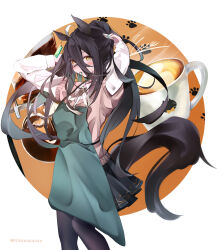 1girl absurdres ahoge animal_ears apron barista black_hair black_pantyhose brown_sweater coffee cup ear_tag earrings green_apron hair_between_eyes hair_tie_in_mouth highres horse_ears horse_girl jewelry layered_sleeves long_bangs long_hair long_hair_between_eyes long_sleeves manhattan_cafe_(it's_on_the_house)_(umamusume) manhattan_cafe_(umamusume) mouth_hold multicolored_hair pantyhose ponytail shirt short-sleeved_sweater short_over_long_sleeves short_sleeves single_earring solo sweater tying_hair umamusume white_hair white_shirt yellow_eyes yuu46464949 