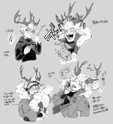  1boy antlers blush candy candy_cane coat cup deer_antlers deer_boy food fur-trimmed_coat fur-trimmed_hood fur_trim glasses grey_background greyscale highres holding holding_another's_horns holding_candy holding_candy_cane holding_cup holding_food holding_phone hood horns ikapnmn2 laughing male_focus monochrome open_mouth original phone pointing round_eyewear sharp_teeth short_hair simple_background speech_bubble spiky_hair teeth translation_request upper_body 
