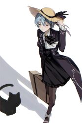  1girl :| angela_(project_moon) ascot black_ascot black_skirt blue_hair brown_pantyhose cat chinese_commentary closed_mouth coat collared_shirt commentary_request frilled_skirt frills full_body hat highres holding holding_suitcase lapels library_of_ruina notched_lapels open_clothes open_coat pantyhose project_moon purple_coat selenium-se shirt short_hair simple_background skirt solo suitcase sun_hat walking white_shirt wing_collar yellow_eyes 