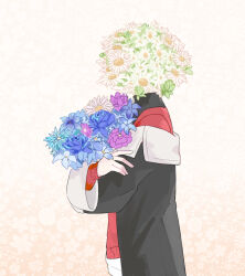  1girl ange_katrina ange_katrina_(1st_costume) black_coat blue_flower cardigan coat commentary_request cowboy_shot crossed_arms floral_background flower flower_head flower_request from_side gradient_background holding holding_flower kuujou_haru long_sleeves nijisanji off_shoulder orange_background purple_flower red_cardigan solo virtual_youtuber white_background white_flower 