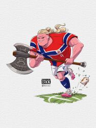  1boy absurdres animal axe blonde_hair colored_skin commentary cosplay dragon_ball dragon_ball_z erling_haaland estuche.e hair_bun half_updo highres holding holding_axe instagram_username long_hair looking_ahead majin_buu majin_buu_(cosplay) male_focus nike_(company) norwegian_national_soccer_team_uniform pink_skin real_life running smile soccer_uniform solo sportswear watermark 