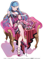  1girl absurdres apple_pendant bare_shoulders black_bow blue_eyes blue_hair book bow breasts chair choker collarbone commentary company_name copyright_notice cosmetics dress flower food full_body gloves hair_behind_ear hair_spread_out hairband high_heels highres hinomori_shizuku holding holding_food lace lace-trimmed_choker lace-trimmed_hairband lace_gloves lace_trim layered_dress leg_up legs lipstick_tube looking_at_viewer mole mole_under_mouth off-shoulder_dress off_shoulder official_alternate_costume official_art okuma_mai on_chair open_book parted_lips pendant_choker pink_dress pink_flower pink_shoes polka_dot polka_dot_dress project_sekai romeo_to_cinderella_(vocaloid) shadow shoes sitting small_breasts solo thigh_strap untied_shoelaces waist_ribbon white_background 