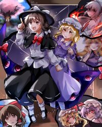  6+girls :| belt black_belt black_capelet black_hair black_shoes black_skirt blonde_hair blurry bow bowtie brown_eyes brown_hair buttons capelet cherry_tree chirooo92084 closed_mouth collared_dress commentary_request dot_nose dress fang fireball frilled_bow frilled_hair_tubes frills fujiwara_no_mokou gap_(touhou) hair_between_eyes hair_bow hair_tubes hakurei_reimu hand_on_own_cheek hand_on_own_face hat hat_bow highres kneehighs long_hair long_skirt long_sleeves loose_socks magic maribel_hearn medium_hair mob_cap mobcap multiple_girls one_side_up open_mouth parted_lips partially_shaded_face pink_shirt purple_dress purple_hair purple_tabard red_bow red_bowtie red_eyes remilia_scarlet ribbon-trimmed_capelet ribbon_trim rope shide shimenawa shirt shoes short_hair side_ponytail sidelocks skirt sleeve_garter smile socks star_(sky) suspenders sweatdrop tabard touhou usami_renko violet_eyes waist_bow white_bow white_hair white_hat white_shirt white_socks yakumo_yukari yukari_is_merry_theory_(touhou) 