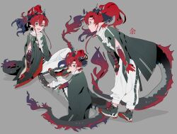  1boy arknights bare_arms bead_bracelet beads betti_(xx_betti) bishounen bracelet chinese_clothes chinese_text chopsticks coat colored_extremities curtained_hair dragon dragon_boy dragon_horns dragon_tail eastern_dragon eastern_dragon_horns eastern_dragon_tail food_in_mouth forked_eyebrows from_side highres horns jewelry leaning_forward long_hair male_focus open_mouth pointy_ears ponytail red_hair red_hands shoes simple_background sneakers tail very_long_tail yu_(arknights) 