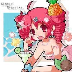  1girl 2000s_(style) ahoge breasts character_hair_ornament cocktail_glass cocktail_umbrella coconut cup dress drill_hair drinking_glass earrings food food_in_hair fruit hair_ornament highres jewelry kasane_teto lime_(fruit) lime_slice necklace number_tattoo patrick_star pearl_earrings pineapple pink_dress red_eyes red_hair seashell shell shell_hair_ornament shell_necklace small_breasts solo spongebob_squarepants_(series) starfish_hair_ornament summer tattoo thea_(w_alladoo) twin_drills 