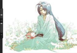  1boy bishounen black_sash blush full_body grass head_wreath highres japanese_clothes kimono ku78935 long_hair male_focus okita_souji_(peace_maker_kurogane) open_mouth outdoors peace_maker_kurogane pig ponytail sash sitting solo white_background white_kimono wide_sleeves 