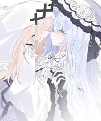  2girls bib_collar black_gloves blonde_hair capelet closed_mouth colored_eyelashes commentary_request cross cross_earrings cross_ornament dress earrings flower frilled_capelet frilled_dress frilled_sleeves frills gloves hat hat_flower highres hikami_meruru holding_hands interlocked_fingers jewelry korean_commentary long_hair long_sleeves mahou_shoujo_no_majo_saiban mistyhama multiple_girls neck_ribbon no_eyes priestess ribbon spoilers tsukishiro_yuki veil white_capelet white_dress white_eyelashes white_eyes white_hair white_hat white_veil wide_sleeves yuri 