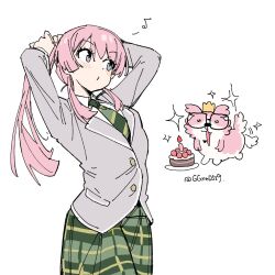  1girl animalization bang_dream! bang_dream!_it's_mygo!!!!! birthday_cake blush cake candle chihaya_anon dog eighth_note food glasses green_necktie green_skirt grey_eyes guagua977 haneoka_school_uniform long_hair long_sleeves musical_note necktie person_and_animalization pink_hair school_uniform simple_background skirt sparkle tail tail_wagging twitter_username tying_hair white_background yuri 