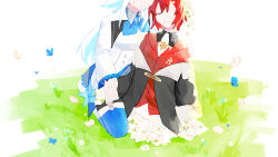  2girls ange_katrina ange_katrina_(1st_costume) arm_around_shoulder black_coat blue_butterfly blue_hair blue_neckerchief blue_skirt blue_thighhighs bug butterfly cardigan closed_eyes coat collared_shrug colored_inner_hair commentary_request crying dying eyes_out_of_frame flower frilled_skirt frilled_sleeves frills grass grin hand_on_another's_arm head_out_of_frame high-waist_skirt kneeling kuujou_haru layered_skirt legwear_garter lize_helesta lize_helesta_(1st_costume) long_hair long_sidelocks long_sleeves medium_hair miniskirt multicolored_hair multiple_girls neckerchief nijisanji off_shoulder one-eyed red_cardigan red_hair shirt shrug_(clothing) sidelocks skirt smile tears thigh-highs transformation two-tone_hair virtual_youtuber white_background white_flower white_hair white_shirt white_shrug white_skirt 