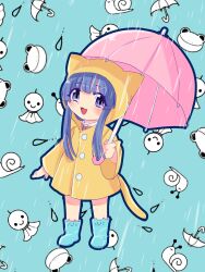  1girl absurdres animal_hood blue_background blue_boots blue_hair boots coat commentary_request frog full_body furude_rika highres higurashi_no_naku_koro_ni holding holding_umbrella hood hood_up long_hair looking_at_viewer nekomiya_mizuki open_mouth pink_umbrella raincoat snail solo teruterubouzu umbrella violet_eyes yellow_coat 