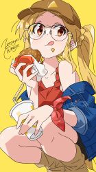  1girl absurdres artist_name bare_legs bare_shoulders baseball_cap black_shorts blonde_hair blush bocchi_the_rock! brown_hat brown_shoes burger collarbone commentary_request cup denim denim_jacket disposable_cup drink drinking_straw food food_on_face glasses hat highres holding holding_burger holding_drink holding_food ijichi_nijika jacket licking_lips long_hair looking_to_the_side open_clothes open_jacket red_eyes red_shirt scrunchie shirt shoes shorts signature solo squatting tongue tongue_out watermark wcdonald's wrapped_burger yellow_background yellow_scrunchie zetsuyo_chimayo 