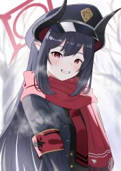  1girl absurdres adapted_costume armband backlighting bare_tree black_coat black_hair black_hat black_horns blue_archive blush breath chiaki_(blue_archive) coat cold commentary curved_horns demon_girl demon_horns english_commentary fringe_trim gehenna_academy_logo grin hair_between_eyes halo hat highres horns long_hair looking_at_viewer military_hat multicolored_horns necktie onigiri716 outdoors peaked_cap pointy_ears red_armband red_eyes red_halo red_necktie red_scarf scarf sidelocks smile solo straight_hair tree two-tone_horns very_long_hair winter 