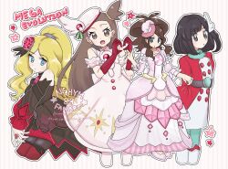  4girls :d :o bare_shoulders belt black_dress black_eyes black_hair blonde_hair blue_eyes blush brown_eyes brown_hair caitlin_(fall_2021)_(pokemon) caitlin_(pokemon) closed_mouth commentary_request detached_sleeves dress english_text eyelashes feather_hair_ornament feathers gem gloves hair_ornament hat heart heart_hands high_heels high_ponytail highres hilda_(pokemon) hilda_(special_costume)_(pokemon) jasmine_(holiday_2022)_(pokemon) jasmine_(pokemon) jewelry long_hair long_sleeves looking_at_viewer multiple_girls nghym_89 official_alternate_costume open_mouth pink_dress pink_gem pokemon pokemon_masters_ex ponytail red_dress red_gem red_gloves ring selene_(pokemon) selene_(special_costume)_(pokemon) short_hair sidelocks simple_background sleeveless sleeveless_dress smile two-tone_dress very_long_hair watermark white_dress 