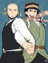  2boys :| beard belt belt_buckle black_belt black_hair black_hat black_pants black_vest buckle buttons buzz_cut closed_mouth commentary_request cowboy_shot facial_hair floating_scarf golden_kamuy green_jacket grey_hair hat highres holding_hands jacket kzouzou long_sleeves male_focus multiple_boys open_mouth pants round_teeth scar scar_on_face scarf shiraishi_yoshitake shirt short_hair sideburns smile sparkle sugimoto_saichi teeth v-shaped_eyebrows very_short_hair vest white_shirt 