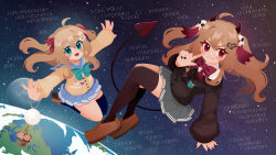  ahoge asymmetrical_legwear black_cardigan black_nails black_socks black_thighhighs blue_eyes blue_sailor_collar blue_skirt blush_stickers bow bowtie box brown_hair brown_shoes cardboard_box cardigan character_doll closed_mouth collared_shirt doll dress_shirt earth_(planet) evil_neuro-sama evil_neuro-sama_(1st_costume) fang floating green_bow green_bowtie grey_skirt hair_between_eyes hair_ribbon highres horns index_finger_raised long_hair long_sleeves looking_at_viewer miniskirt moon neuro-sama neuro-sama_(1st_costume) open_mouth planet pleated_skirt projecttiger red_bow red_bowtie red_eyes red_horns red_ribbon red_tail ribbon sailor_collar shirt shoes siblings single_sock single_thighhigh sisters skin_fang skirt socks space thigh-highs twins two-sided_fabric two_side_up uneven_legwear vedal_ai virtual_youtuber white_nails white_shirt yellow_cardigan 