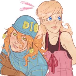  1boy 1girl argyle_clothes argyle_sweater arms_behind_back black_tank_top blonde_hair blue_eyes blue_helmet blue_sweater blush bow brown_gloves camisole commentary crossed_arms diego_brando dress dress_bow english_commentary flying_sweatdrops freckles gloves green_eyes hair_between_eyes helmet highres jojo_no_kimyou_na_bouken long_hair lucy_steel orange_hair pink_dress red_bow simple_background steel_ball_run sweater tank_top thisisntmebee turtleneck turtleneck_sweater white_background 