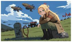  1girl aircraft blonde_hair clouds cloudy_sky coat cocktiel77 dirigible dungeon_meshi grass green_eyes helicopter hill long_hair marcille_donato military military_vehicle motor_vehicle pointy_ears scenery sky soviet_army tank very_long_hair 
