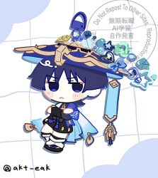  1boy :< akt_eak armor beads black_bodysuit black_bow black_bridal_gauntlets black_hair black_sandals black_shorts blue_bow blue_cape blue_hat blue_jingasa blunt_ends blush bodysuit bow bridal_gauntlets cape character_charm charm_(object) chibi chibi_only circle_hands closed_mouth commentary_request crossed_arms drop_shadow feathers furisode genshin_impact gold gold_trim grid_background hat heart highres japanese_armor japanese_clothes jingasa jitome kimono kote kurokote leg_warmers looking_at_viewer male_focus sandals scaramouche_(genshin_impact) shorts side_cape solo star_(symbol) toeless_legwear twitter_username violet_eyes wanderer_(genshin_impact) watermark white_background white_kimono white_leg_warmers white_trim wispy_bangs yellow_feathers zouri 