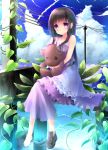  1girl black_hair breast_rest breasts clouds cloudy_sky dress hime_cut long_hair looking_at_viewer ocean original plant shoes_removed silyouta1120 sitting sky smile stuffed_animal stuffed_toy teddy_bear telephone_pole violet_eyes water 