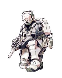  1boy ammunition_pouch armor backpack bag battle_rifle br55 bullpup facing_viewer greaves gun halo_(series) highres load-bearing_vest military military_patch military_uniform on_one_knee pouch reflex_sight rifle science_fiction shoulder_armor solo solo_focus spartan_(halo) the_count_of_s thigh_armor weapon white_background yellow_assault_visor 