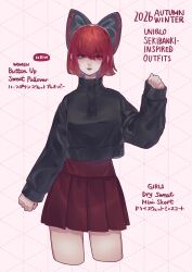  1girl absurdres bilingual_text black_shirt bow breasts closed_mouth commentary_request cropped_legs english_text grey_bow hair_bow highres long_sleeves looking_at_viewer mixed-language_text pink_background pleated_skirt red_eyes red_hair red_skirt sekibanki shirt short_hair skirt smile solo touhou yatsuga_(kouahey_dierci) 