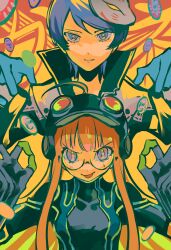  1boy 1girl absurdres blue_eyes blue_gloves blue_hair blunt_bangs bodysuit casino closed_mouth coin commentary expressionless falling_object furrowed_brow glasses gloves goggles goggles_on_head high_collar highres jacket kitagawa_yusuke long_hair long_sidelocks looking_at_viewer mangguo_jingling mask mask_on_head multicolored_bodysuit multicolored_gloves multicolored_jacket orange_hair persona persona_5 sakura_futaba short_hair sidelocks simple_background swept_bangs two-tone_background two-tone_bodysuit two-tone_gloves upper_body yellow_background 
