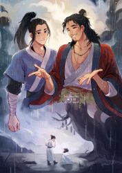  2boys aged_down all_wishes_come_true! arm_wrap artist_name black_eyes black_hair black_sash blue_hanfu blue_trim bottle child chinese_clothes closed_eyes closed_mouth clouds cloudy_sky coat collarbone english_commentary facial_hair facing_away flame_print grin hair_bun hair_ornament hair_pulled_back half_updo hand_up hanfu hawberries high_ponytail holding holding_bottle jewelry layered_sleeves leaf_belt leaf_hair_ornament leaf_ornament long_hair long_sleeves looking_at_another looking_at_viewer lv_dongbin_(all_wishes_come_true!) male_focus multiple_boys multiple_views mustache_stubble necklace open_clothes open_coat orange_sash outdoors parted_lips pectoral_cleavage pectorals ponytail print_robe rain red_coat robe sash sidelocks single_hair_bun sitting sky smile standing stubble topknot tree wet wet_hair white_hanfu wide_sleeves zhongli_quan_(all_wishes_come_true!) 