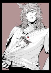  1boy animal_ear_piercing animal_ears bird black_border border brown_background commentary_request dorako_(loitoor) eurasian_tree_sparrow genderswap genderswap_(ftm) greyscale_with_colored_background hair_between_eyes highres horse_boy horse_ears long_hair looking_at_viewer loose_hair_strand messy_hair nakayama_festa_(umamusume) necktie recursive_genderswap sanpaku shirt short_sleeves solo sparrow t-shirt tsurime umamusume upper_body 