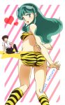  1boy 1girl ass belt bikini brown_hair copyright_name green_eyes green_hair heart horns long_hair looking_back lum moroboshi_ataru open_mouth socks swimsuit thigh-highs tiger_print tktn 