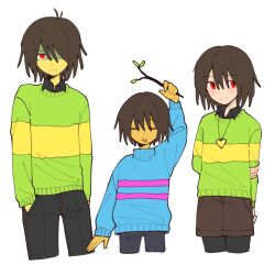  3others arm_behind_back arm_up black_pants black_shirt brown_hair brown_shorts chara_(undertale) closed_eyes closed_mouth collared_shirt colored_skin commentary_request deltarune frisk_(undertale) hair_between_eyes hair_over_one_eye hand_in_pocket heart heart_necklace holding holding_stick jewelry kris_(deltarune) long_sleeves looking_at_viewer multiple_others nabob necklace open_mouth orange_skin pants pantyhose red_eyes shaded_face shirt shorts simple_background stick striped_clothes striped_sweater sweater thai_commentary turtleneck turtleneck_sweater undertale utdr_(toby_fox) white_background yellow_skin 
