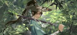 1boy all_wishes_come_true! arm_wrap bamboo bamboo_forest black_hair blue_hanfu blurry blurry_background bobybaboo brown_eyes brown_hair chinese_clothes chinese_commentary closed_mouth commentary_request day depth_of_field forest from_side hair_between_eyes half-closed_eyes hanfu hat high_ponytail highres holding holding_sword holding_weapon jian_(weapon) leaf long_hair long_sleeves lv_dongbin_(all_wishes_come_true!) male_focus nature outdoors over_shoulder plant ponytail sheath sheathed sidelocks solo straw_hat sword sword_over_shoulder upper_body water weapon weapon_over_shoulder wide_sleeves yellow_eyes 