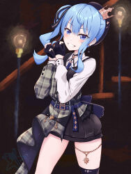  1girl absurdres asymmetrical_sidelocks belt beret blue_choker blue_eyes blue_hair blush breasts choker commentary_request crown gloves grey_hat hair_between_eyes half-jacket hands_up hat highres hololive hoshimachi_suisei hoshimachi_suisei_(14th_costume) jacket jewelry light_bulb long_hair looking_at_viewer mini_crown multiple_belts official_alternate_costume partially_fingerless_gloves pendant_choker plaid_clothes plaid_hat plaid_jacket ribbon shirt side_ponytail sidelocks single_thighhigh skindentation skirt small_breasts smile solo soware stairs star_(symbol) star_choker star_in_eye star_pendant symbol_in_eye teeth thigh-highs thighlet thighs virtual_youtuber white_shirt 