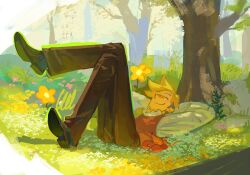  1boy 1girl :3 absurdres animal_ears arms_behind_head blonde_hair blush brown_pants closed_eyes colored_skin commentary deltarune english_commentary field flower flowery_(deltarune) forest gloves grass green_vest highres long_sleeves lying mouse_girl multicolored_vest nature on_back orange_(deltarune) orange_fur orange_gloves orange_vest outdoors pants peachducy plant shirt short_hair smile tail tree undercut utdr_(toby_fox) vest white_shirt yellow_flower yellow_skin 