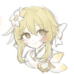  1girl 586ui :> blonde_hair blush bow braid closed_mouth commentary_request dress eyelashes flower genshin_impact hair_between_eyes hair_bow hair_flower hair_ornament hair_ribbon half_up_braid highres looking_at_viewer lumine_(as_heaven_and_earth_are_made_anew)_(genshin_impact) lumine_(genshin_impact) official_alternate_costume official_alternate_hairstyle ribbon scarf short_hair sidelocks simple_background sleeveless sleeveless_dress smile solo white_background white_bow white_dress white_flower white_ribbon white_scarf yellow_eyes 