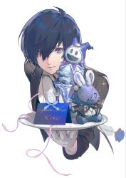  1boy arknights arm_behind_back bishounen black_tailcoat blue_eyes blue_flower blue_hair blue_rose bolo_tie brooch chinese_commentary choshanland_plushy_(arknights) commentary_request cropped_torso eyes_visible_through_hair flower food gloves hair_over_one_eye highres holding holding_flower holding_plate jack_frost_(megami_tensei) jewelry leaning_forward male_focus official_artist_extra parfait persona persona_3 persona_3_reload pink_ribbon plate ribbon rose shirt short_hair simple_background smile solo stuffed_animal stuffed_rabbit stuffed_toy tailcoat vest waistcoat waiter white_background white_gloves white_shirt yuan_quanquan_ren yuuki_makoto_(persona_3) 