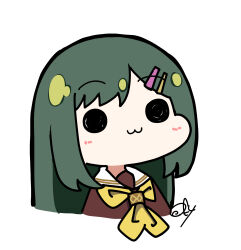  1girl :3 blush brown_dress chibi chibi_only cropped_torso dress green_hair hair_ornament hairclip hasu_no_sora_school_uniform highres long_hair long_sleeves love_live! love_live!_hasu_no_sora_jogakuin_school_idol_club neckerchief ogami_sachi oofushi_ao parallel_hairclips sailor_collar sailor_dress school_uniform signature simple_background solid_circle_eyes solo white_background white_sailor_collar winter_uniform yellow_neckerchief 