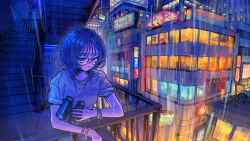  1girl against_railing billboard binoculars blue_eyes blue_hair bracelet building commentary_request glasses highres holding holding_binoculars jewelry leaning_forward medium_hair multiple_bracelets necklace night on_stairs original outdoors port_(portzzz) railing rain sad shirt slice_of_life solo stairs standing urban 