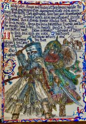  ... 2girls anna_fra_nil armor asymmetrical_dual_wielding axe belt blue_bow blue_eyes boots border bow braid brown_boots brown_gloves cape chainmail christianity commentary cross dual_wielding english_commentary english_text floral_border gloves great_helm hair_bow hatching_(texture) helmet highres holding holding_axe holding_shield holding_sword holding_weapon hood hood_down horse initial islam knight mask medieval mouth_mask multiple_girls original ornate_border red_cross scabbard scale_mail scimitar sheath shield speech_bubble sword templar traditional_media twin_braids weapon white_boots white_cape 