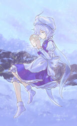  1girl absurdres aeginflash apron blue_skirt blue_vest commentary_request full_body highres hill lapel_pin letty_whiterock long_sleeves medium_hair one_eye_covered shirt skirt snow solo touhou triangular_headpiece vest waist_apron white_apron white_shirt 
