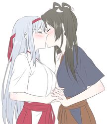  2girls blush brown_hair closed_eyes hachimaki hair_ribbon hair_rings headband interlocked_fingers kantai_collection kiss long_hair multiple_girls ribbon shoukaku_(kantai_collection) silver_hair skirt twintails udon_(shiratama) yuri zuikaku_(kantai_collection) 