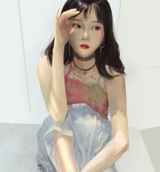  1girl bare_shoulders black_choker black_hair choker closed_mouth commentary_request earrings hand_up highres jewelry korean_commentary let_ink long_hair luli_lee photo-referenced real_life realistic red_lips skirt solo white_skirt 